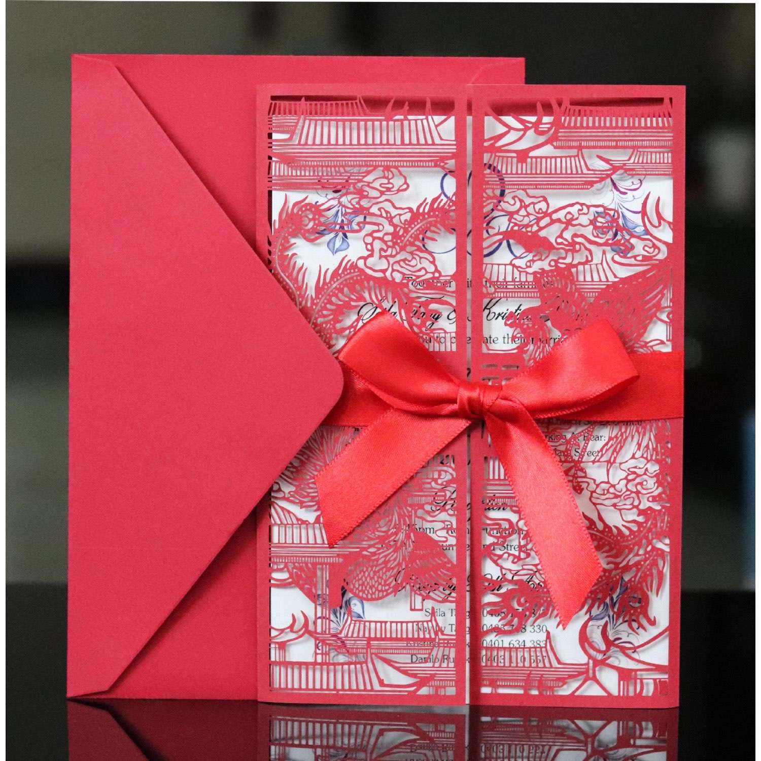 Red Wedding Invitaton with Dragon and Phoenix Wedding Card